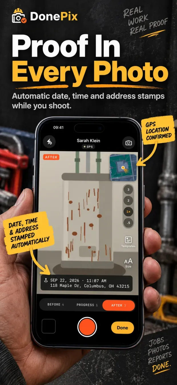 A marketing frame headed 'Proof In Every Photo', showing the DonePix camera with a small map in the corner and a stamp across the bottom of the frame reading the date, time and street address