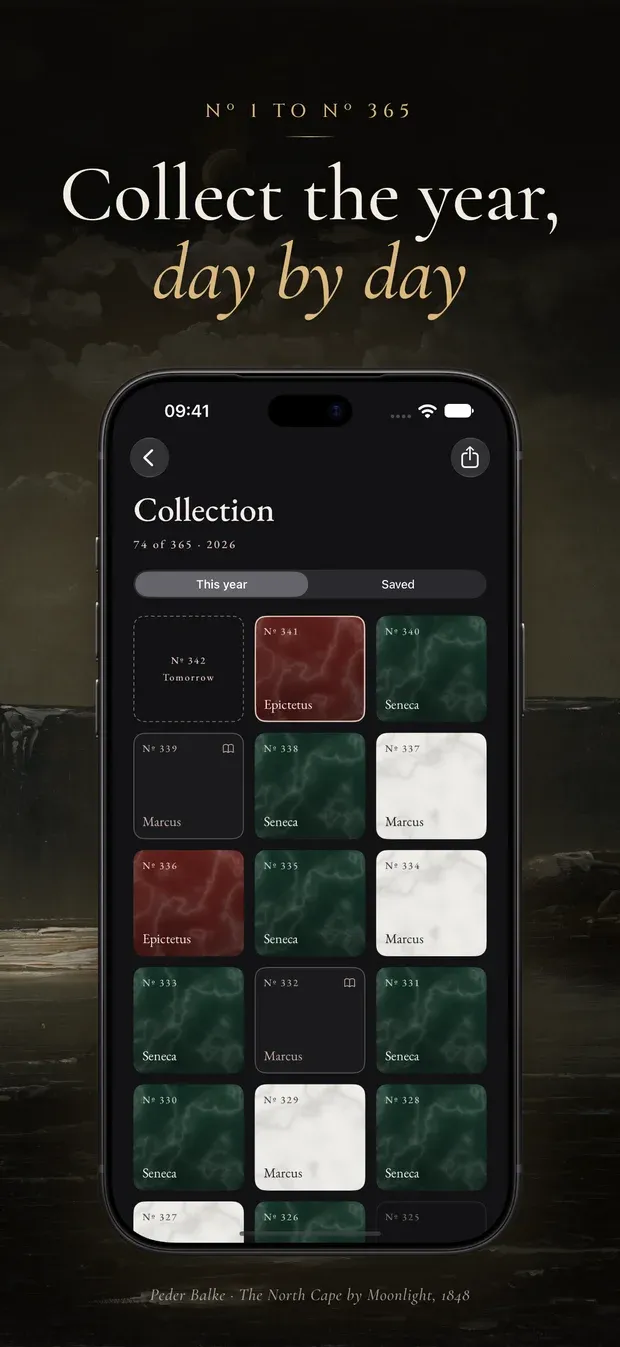 App Store artwork headed 'Nº 1 to Nº 365. Collect the year, day by day': the Collection screen, 74 of 365, a grid of numbered marble tiles