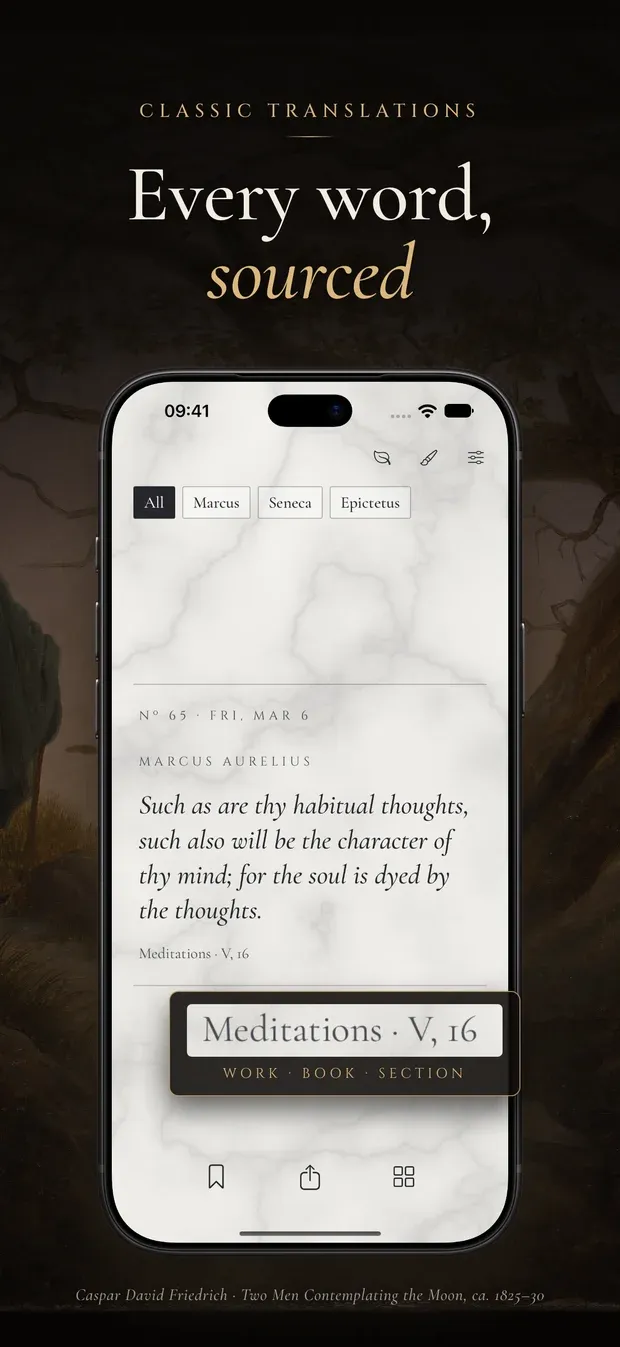 App Store artwork headed 'Classic translations. Every word, sourced': an iPhone on white marble showing a Marcus Aurelius passage, its source Meditations V, 16 enlarged below as work, book and section