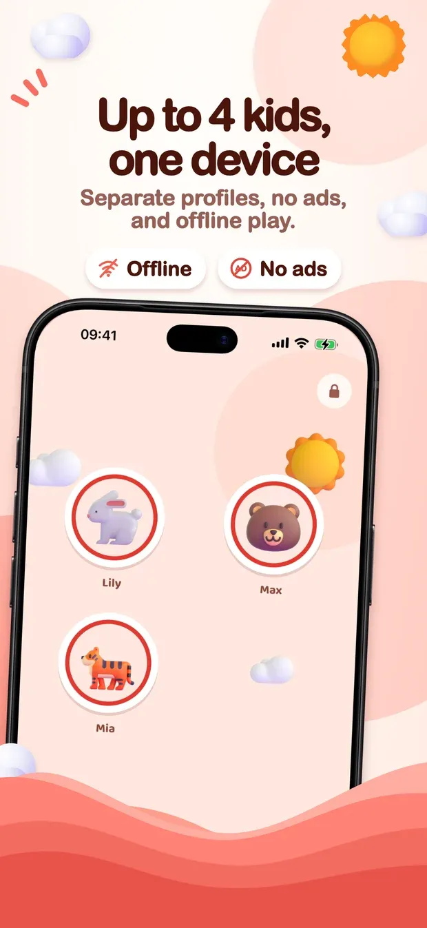 App Store artwork headed 'Up to 4 kids, one device. Separate profiles, no ads, and offline play.' with Offline and No ads labels: an iPhone showing three animal pictures for Lily, Max and Mia