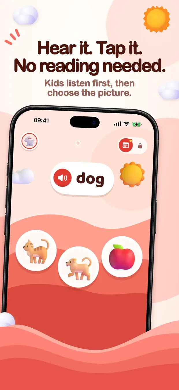 App Store artwork headed 'Hear it. Tap it. No reading needed. Kids listen first, then choose the picture.': an iPhone showing the word dog with a speaker button above pictures of a cat, a dog and an apple
