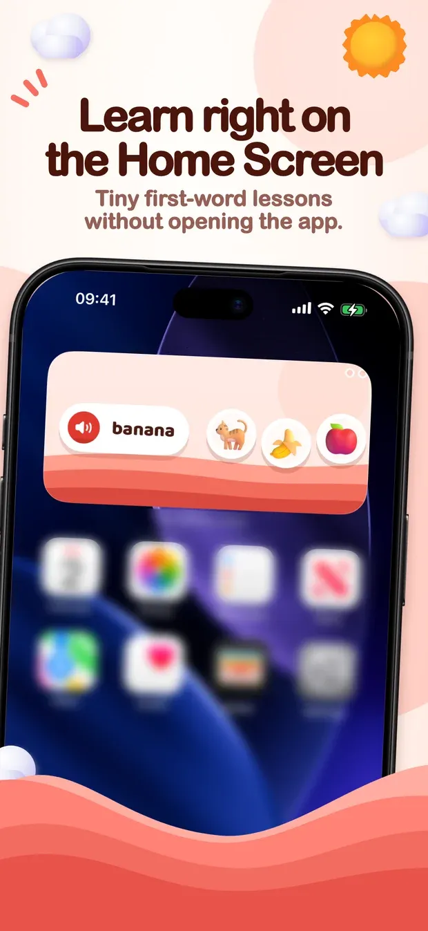 App Store artwork headed 'Learn right on the Home Screen. Tiny first-word lessons without opening the app.': an iPhone Home Screen with the VocabPeek Junior widget showing the word banana beside pictures of a cat, a banana and an apple