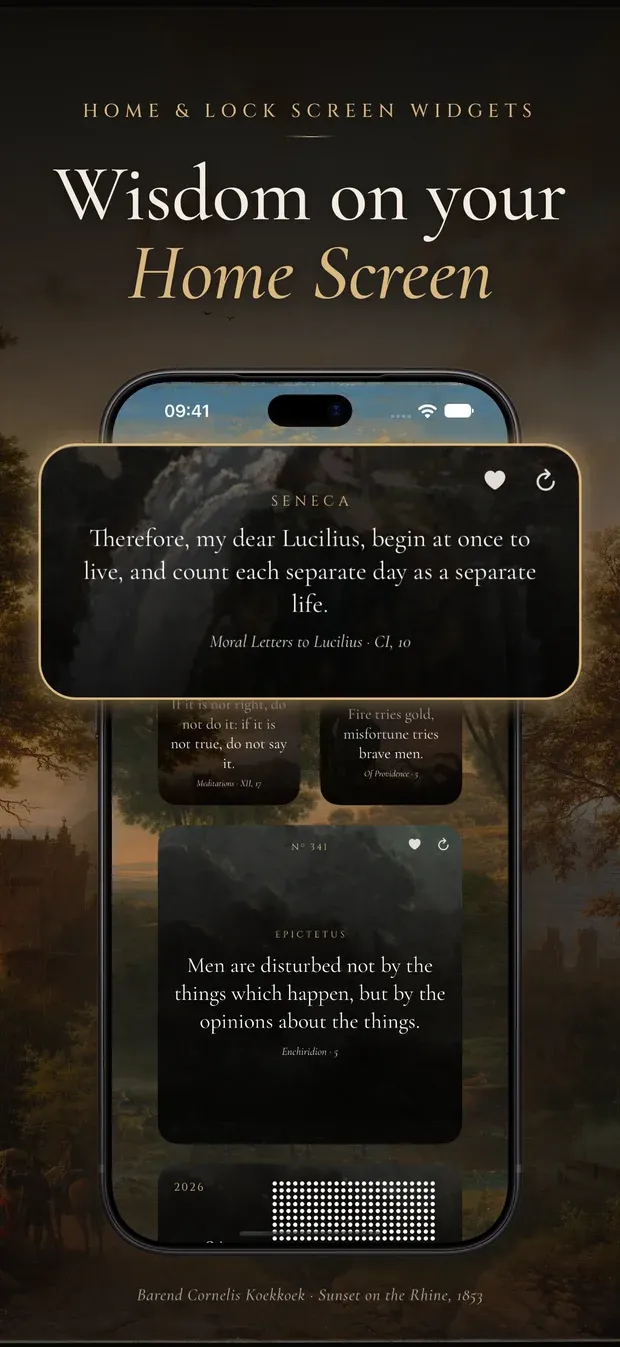 App Store artwork headed 'Home and Lock Screen widgets. Wisdom on your Home Screen': a medium Marble widget with a Seneca passage raised above an iPhone Home Screen of smaller widgets