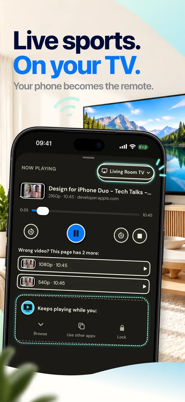 App Store artwork headed 'Live sports. On your TV. Your phone becomes the remote.': an iPhone in front of a living-room TV, showing VidBeam's Now Playing screen sent to Living Room TV, with a progress bar, pause and stop buttons, two other versions of the video to switch to, and a panel saying it keeps playing while you browse, use other apps or lock the phone