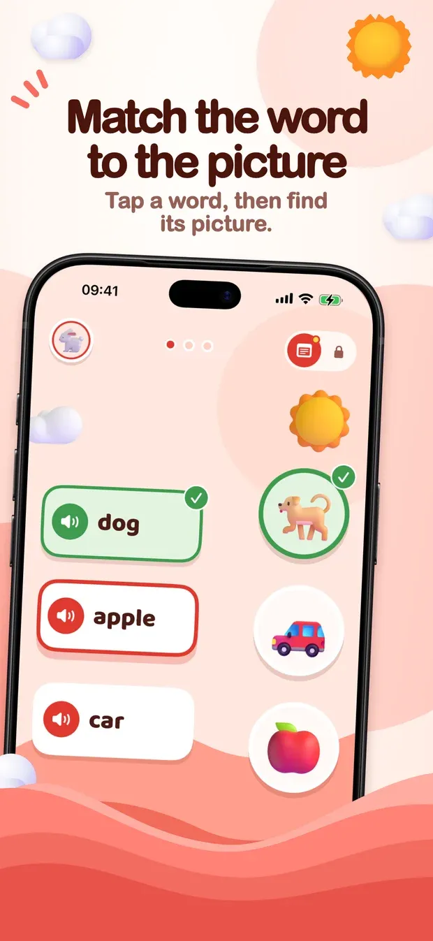 App Store artwork headed 'Match the word to the picture. Tap a word, then find its picture.': an iPhone showing the words dog, apple and car beside pictures of a dog, a car and an apple, with dog matched