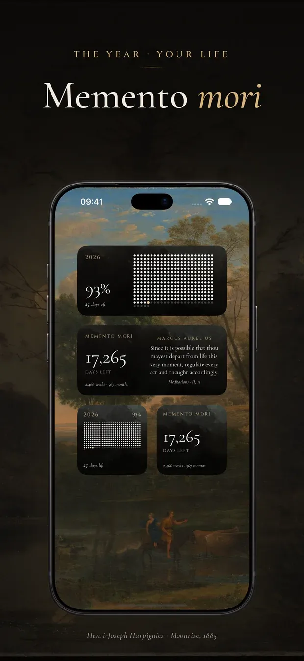 App Store artwork headed 'The year, your life. Memento mori': an iPhone Home Screen with Year widgets at 93 percent and Memento Mori widgets reading 17,265 days left