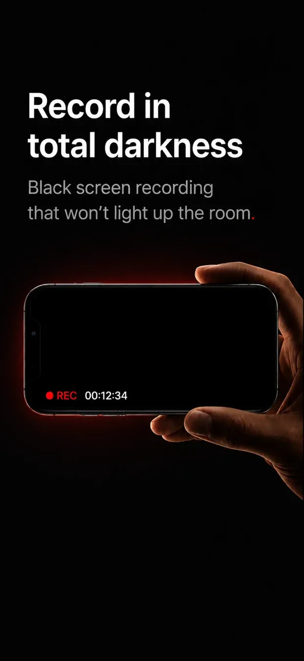 NoLight recording with the screen dark, showing a red dot, the word REC and an elapsed timer