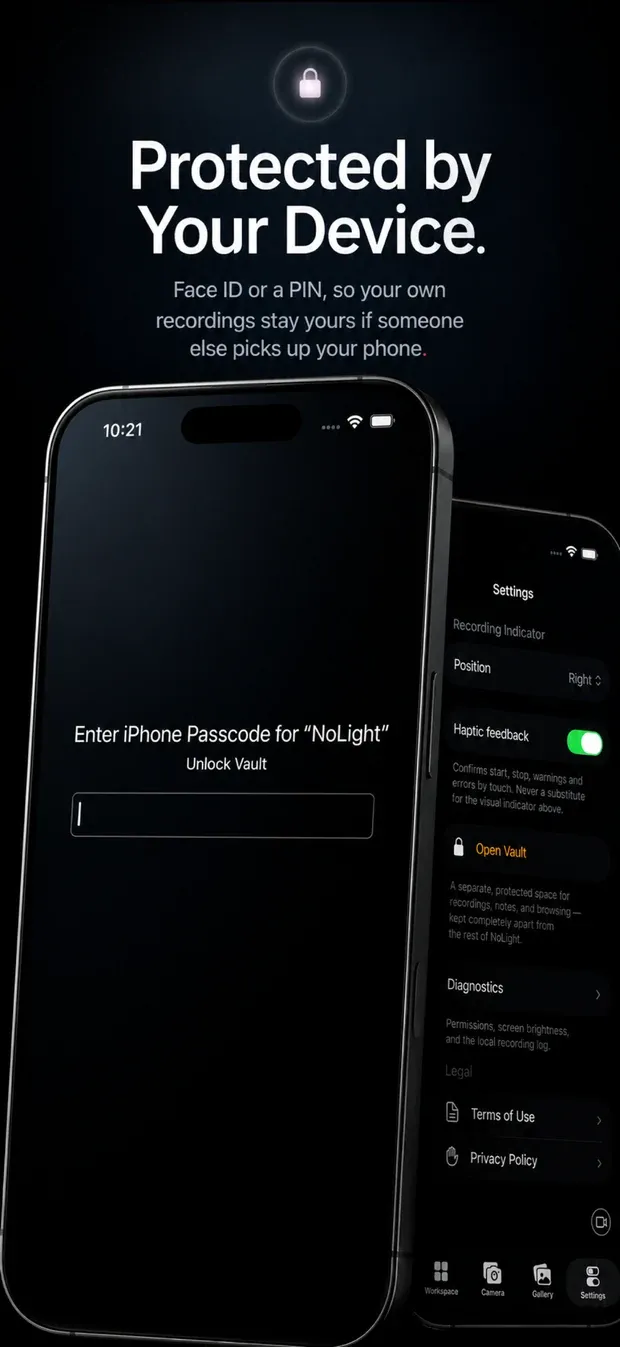 The NoLight Vault unlock screen next to the app settings screen