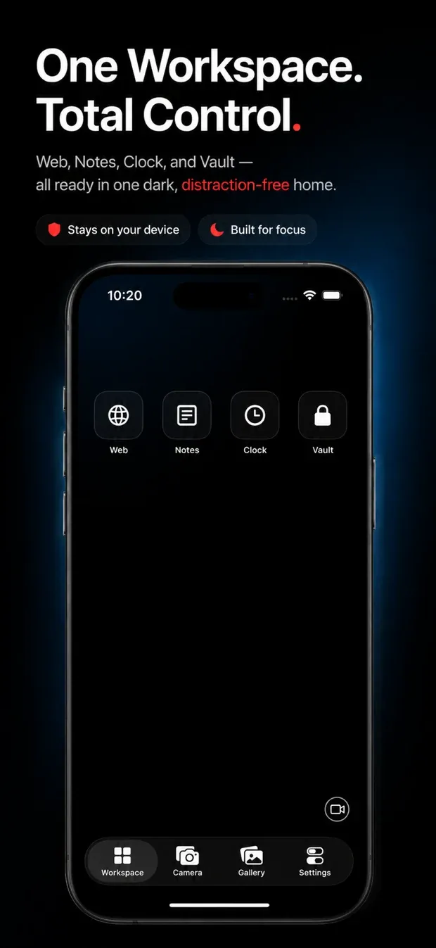 The NoLight Workspace grid with Web, Notes, Clock and Vault tiles