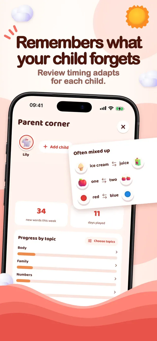 App Store artwork headed 'Remembers what your child forgets. Review timing adapts for each child.': the parent corner with a panel of pairs often mixed up, ice cream and juice, one and two, red and blue