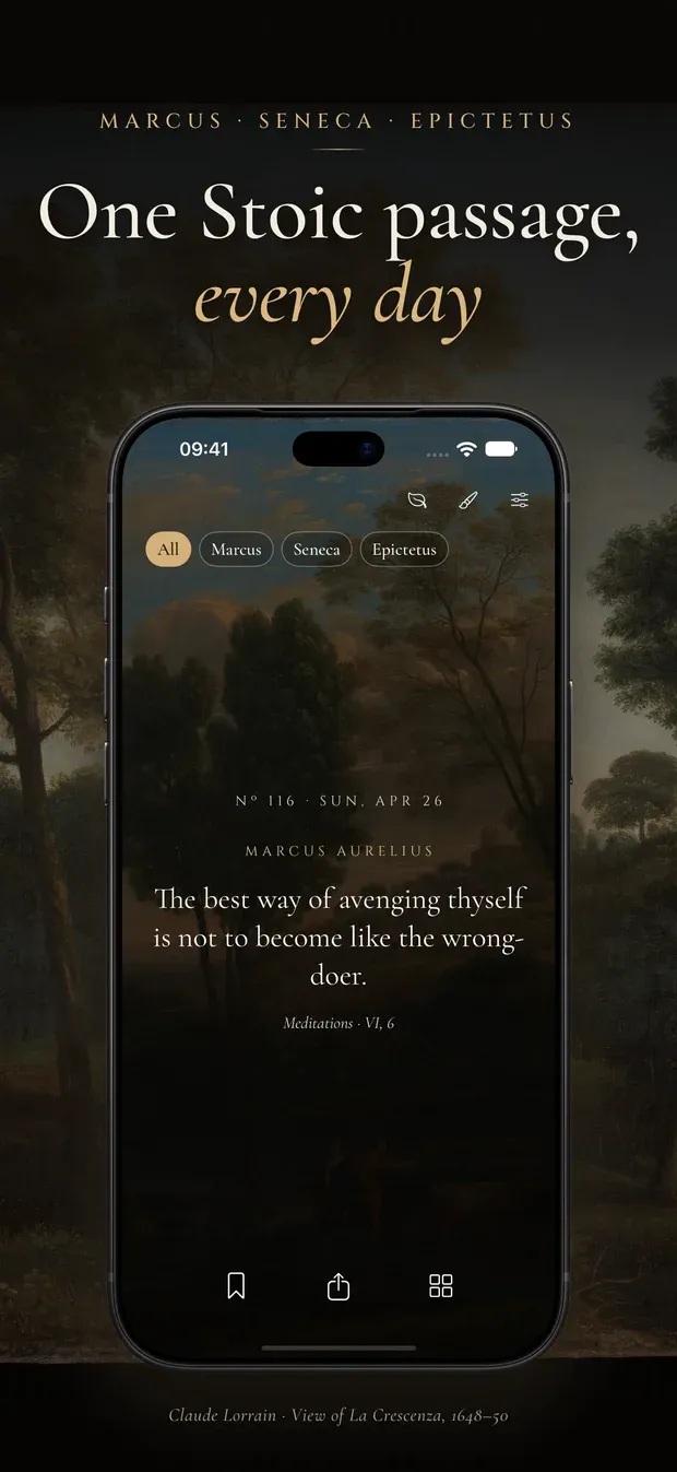 App Store artwork headed 'Marcus, Seneca, Epictetus. One Stoic passage, every day': an iPhone showing Nº 116, Marcus Aurelius, 'The best way of avenging thyself is not to become like the wrong-doer.' on a landscape painting
