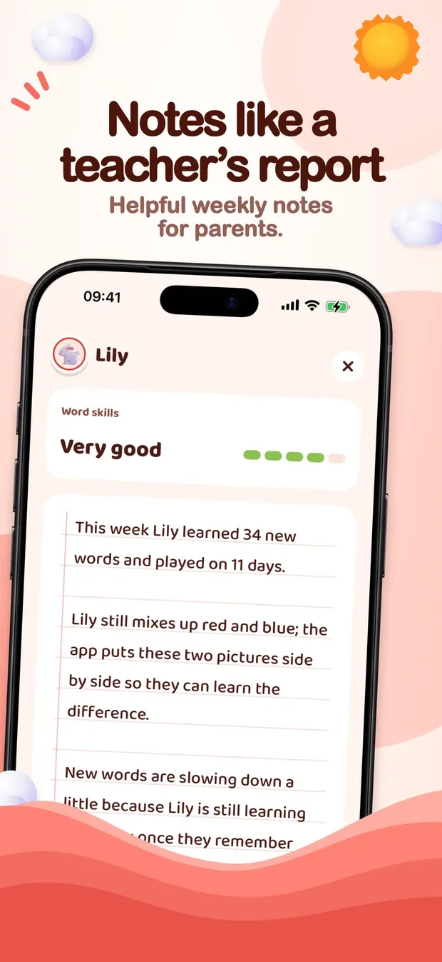 App Store artwork headed 'Notes like a teacher's report. Helpful weekly notes for parents.': an iPhone showing Lily's notes, rated Very good, saying she learned 34 new words and still mixes up red and blue