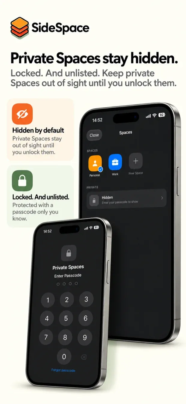 The Spaces list with a Private section holding one locked row that reads 'Enter your passcode to show', beside the Private Spaces passcode screen