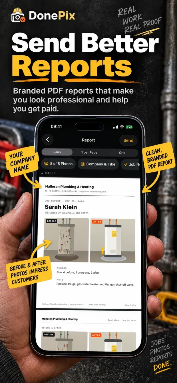 A marketing frame headed 'Send Better Reports', showing a PDF report page with a plumbing company's name and contact line at the top, the client and address beneath, and a before and after photo pair