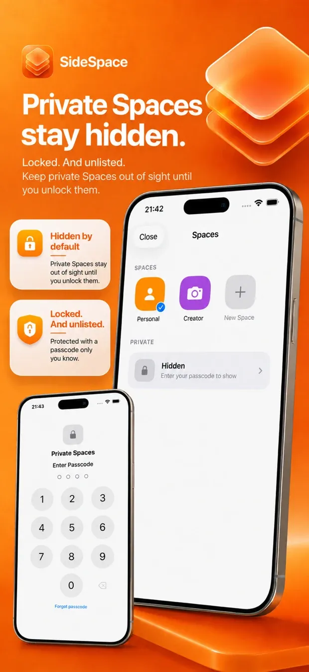 The Spaces list with a locked Private row reading 'Enter your passcode to show', beside a passcode entry screen