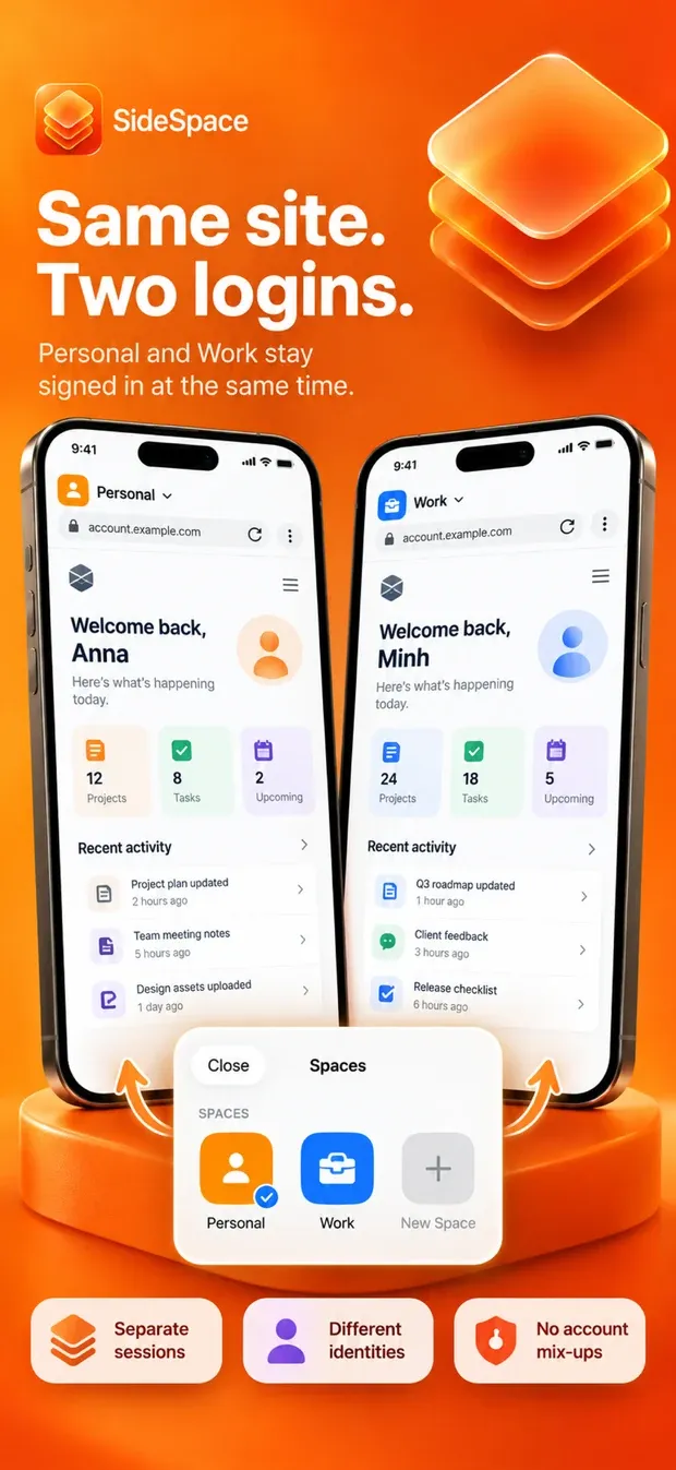 Two iPhones showing the same website signed in as two different people, one in a Personal Space and one in a Work Space