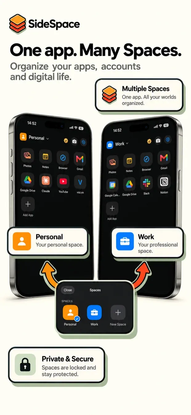 Two SideSpace home screens, Personal and Work, each with its own grid of pinned web apps, above the Spaces switcher