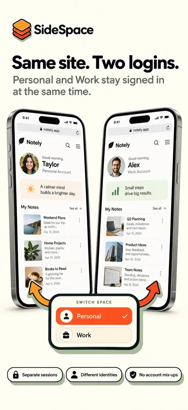 Two iPhones showing the same notes website signed in as two different people, a personal account on one and a work account on the other, with a Switch Space menu between them